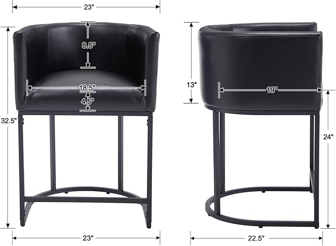 Modern Counter Height PU Leather Upholstered Bar Stools Set of 2, 24" Kitchen Counter Island Stools Bar Chairs with Black Metal Frame, Black