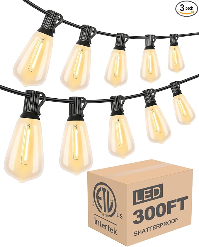 Lightdot 300FT Outdoor String Lights, LED Bistro String Lights with Shatterproof ST38 Vintage Bulbs, 2200K Dimmable, Waterproof Hanging Lights for Porch, Deck, Garden, Backyard, Balcony - ETL Listed