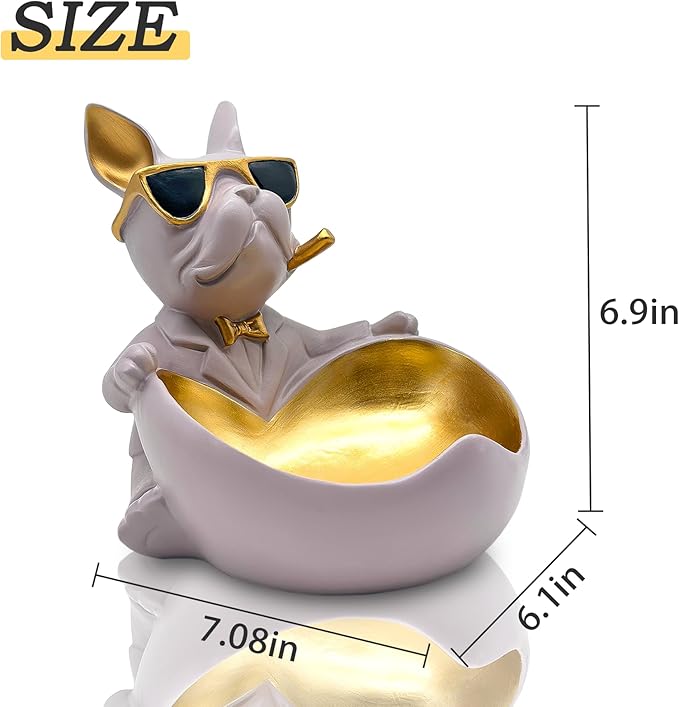 Bulldog Candy Bowl Decor, Heart-shaped Key Holder Bowl Candy Dish, Bulldog Accessories, Resin Bulldog Statue for Office Desk Home Decor Figurines Entryway Table Decor (Purple Grey)