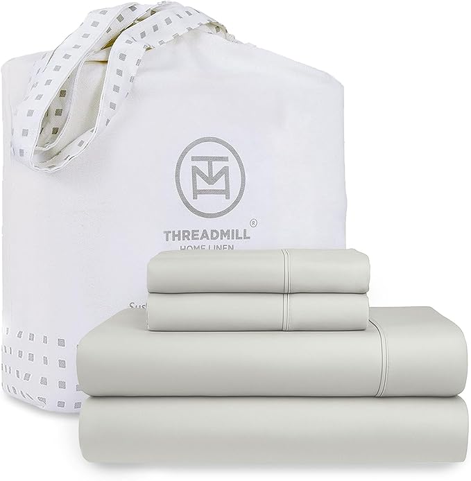 Threadmill Cotton Full Size Sheet set| 100% Cotton Sheets for Full Size Bed | Solid Sateen Full Bed Sheets Set with 16” Elasticized Deep Pocket | Soft Breathable 4-Piece Cooling Sheet Set | Light Grey