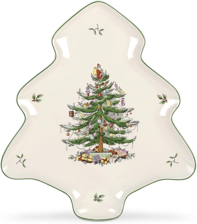 Spode Christmas Tree Holiday Platter - 14-Inch Tree-Shaped Serving Plate, Fine Porcelain Holiday Tableware - Festive Party Server, Seasonal Decor - Christmas Dinnerware