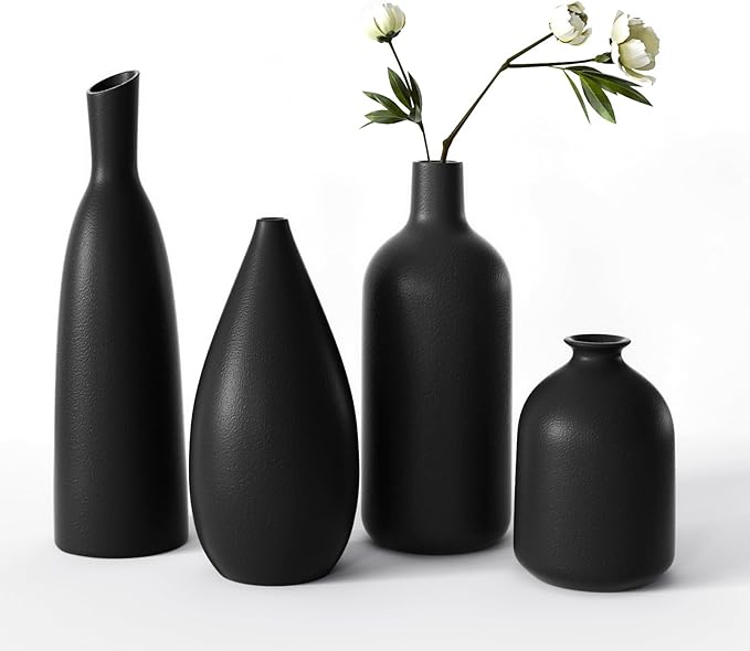 Ceramic Vases, Set of 4, Black, Flower Vases, Modern Decoration, Aesthetic, Vases for Pampas Grass, Flowers, Table Decoration, Tulip Vase, Bookshelf, Mantle, Living Room, Bedroom, Office, Wedding Gift