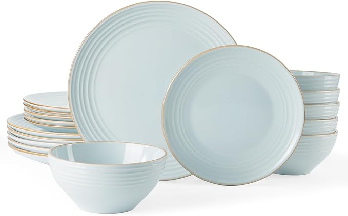 Famiware Jupiter Dinnerware Set, Plates and Bowls Dish Sets for 6 (18 Pieces), Microwave and Dishwasher Safe Stoneware Speckled Tableware, Chip and Scratch Resistant, Light Blue