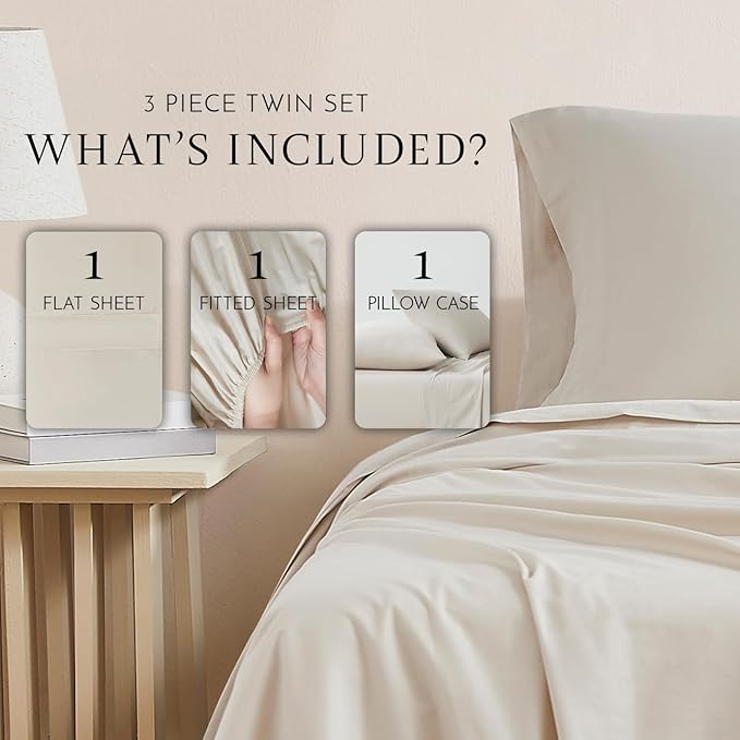 Linen Closet 100% Organic Cotton Twin Sheet 3 Pcs Set, Cotton Sheets with 16” Deep Pocket, Beige | Bed Sheets for College Dorm Essential, Crisp & Breathable, Percale, Comfy, Naturally Cooling