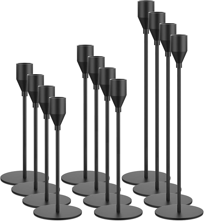 Black Taper Candle Holders Set of 12 Candlestick Holders Bulk, Metal Candle Stick Holder Decor for Wedding, Dinning, Xmas Party or Anniversary, Fits 3/4 Inch Thick Candle