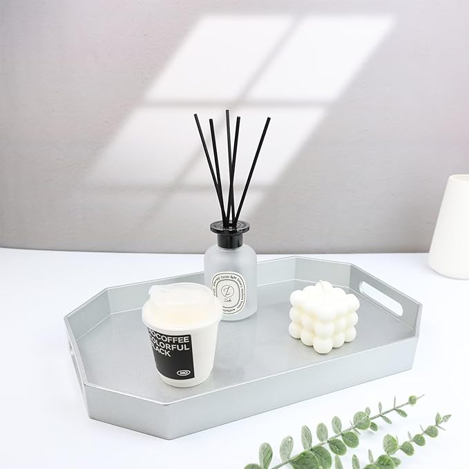 Spsyrine Silver Plastic Serving Tray for Ottoman, Coffee Table, Octagon Decorative Tray for Entertaining, Outdoor, Living Room, Home Decor