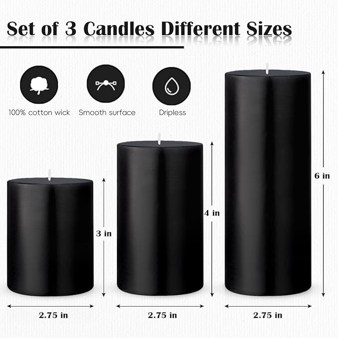 Set of 3 Different Sizes Black Pillar Candles, Unscented Dripless 2.75x3, 2.75x4, 2.75x6 Inch Cylinder Column Wax Long Burning Candles for Halloween Home Power Outage Emergency Dinner Table Decoration
