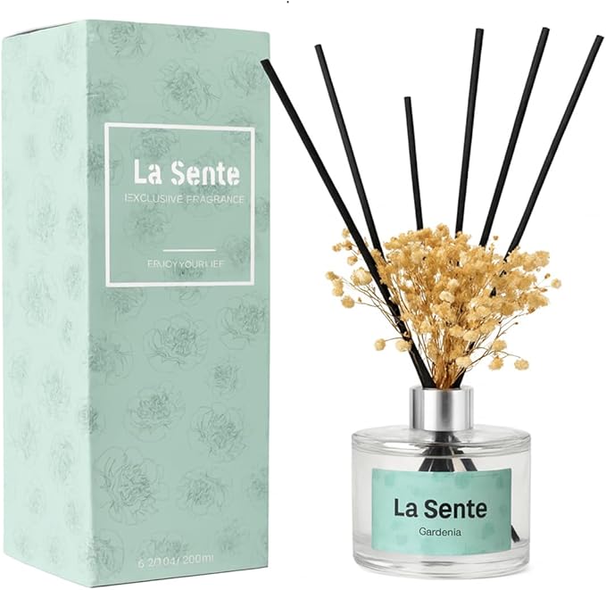 Reed Diffuser Set, Glass Bottle with Black Rattan Sticks, Dried White Flowers, 6.7fl oz, 200ml (Gardenia)