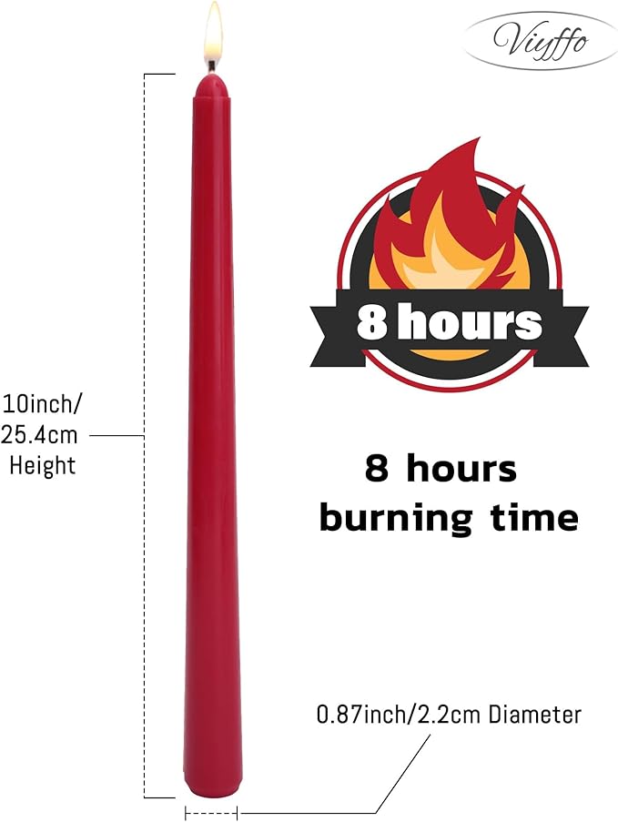 Viyffo Taper Candles 10 Inch – 12 Pack Winter Berry Red, Dripless, Unscented, Smokeless – 8 Hour Burn – Tall Candlesticks for Wedding, Dinner, Holiday, Party, Home Decor