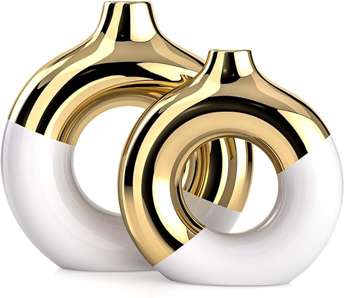 White and Gold Ceramic Vase Set of 2,Round Donut Hollow Flower Vases for Home Decor Accents,Modern Minimalist Centerpiece Table Decorations,Wedding,Living Room,Bookshelf,Office,Entryway
