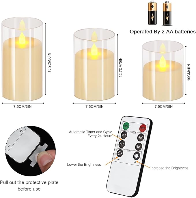 Flameless Candles 4" 5" 6" Set of 3 Acrylic Glass Pillars 3" Diameter Battery Operated Flickering Candles Include Remote with Timer for Home Decor Wedding Festival Cafe Restaurant Decor