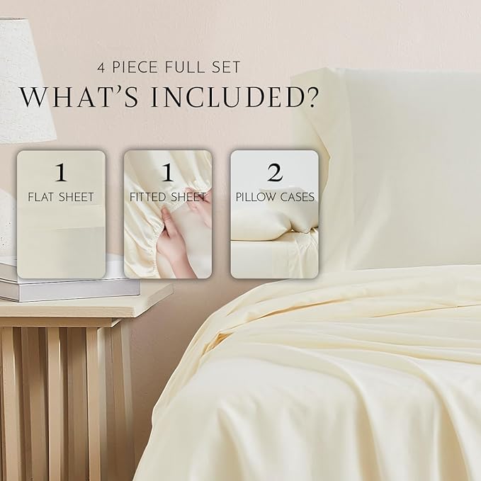 Linen Closet Fresh Ivory Organic 100% Cotton Full Bed Sheets – Ultra Light, Breathable, Cool & Crisp – Wicks Away Moisture,Deep Pocket, Fully Elasticized – 4 Piece Sheet Set, Fits up to 18” Mattress