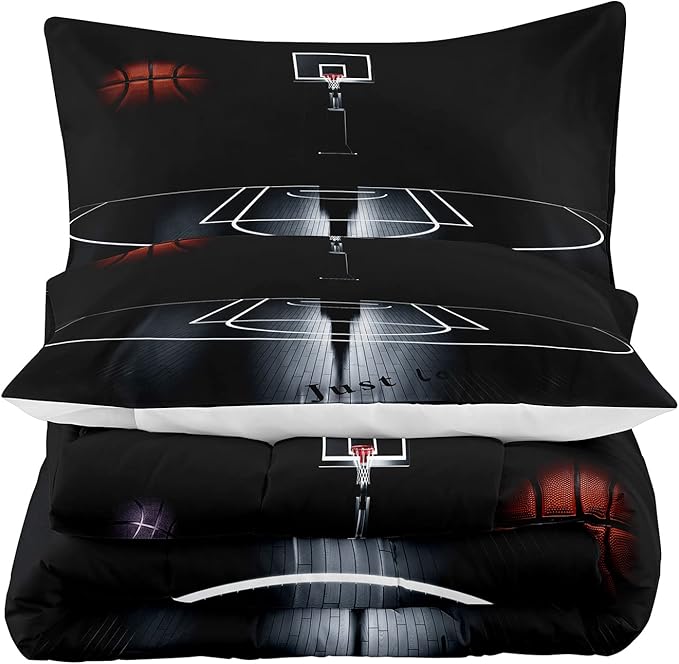 Tailor Shop Sports Basketball Comforter Set for Boys Teens Men Black Basketball Court Comforter Basketball Quilt Bedding Set Soft Lightweight Microfiber Full Size with 1 Comforter 2 Pillowcases…