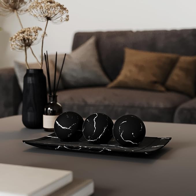 Creative Scents Black Marble Look Home Decor Bowl and Orb Set - Coffee Table Decor for Living Room - Centerpiece Table Decorations for Dining Table, Kitchen Counter, Foyer - Elegant House Decoration