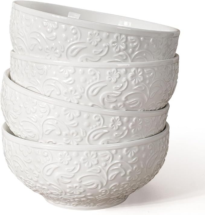 Artena Ceramic Cereal Bowls 26 oz, Embossment Soup Bowls Set of 4, White Salad Bowl for Kitchen, Dinner, Breakfast, Oatmeal, Rice, Pasta, Dishwasher Microwave Safe, 6 inch (Flower)