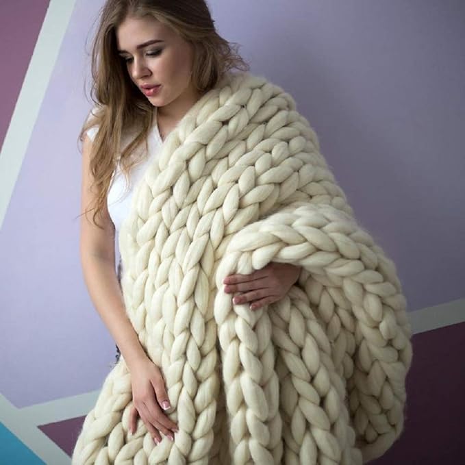Chunky Knit Blanket Hand Made Merino Wool Throw Boho Bedroom Sofa Home Decor Giant Yarn(Ivory White 40"x80")