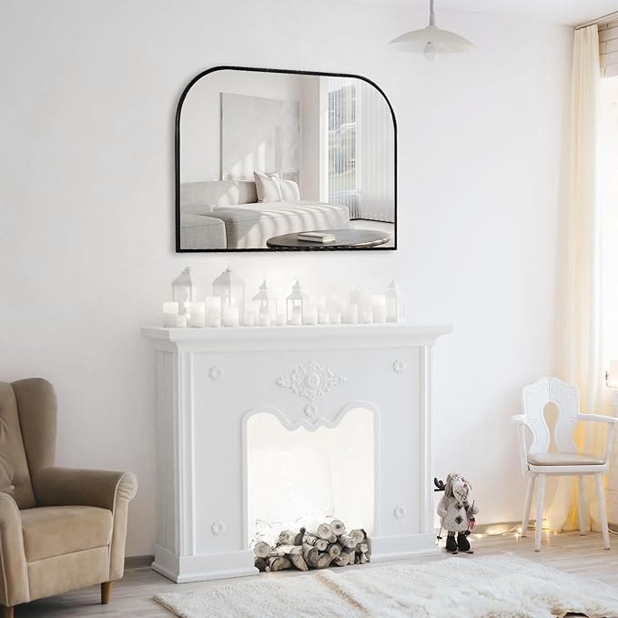 Modern Large Wall Mirror, Modern Mantel Minimalist Home Decor, Brushed Black Metal Framed Arched Mirror for Living Room, Bedroom, Fireplace, Mantle, Entryway, Bathroom, 36" x 24", Black
