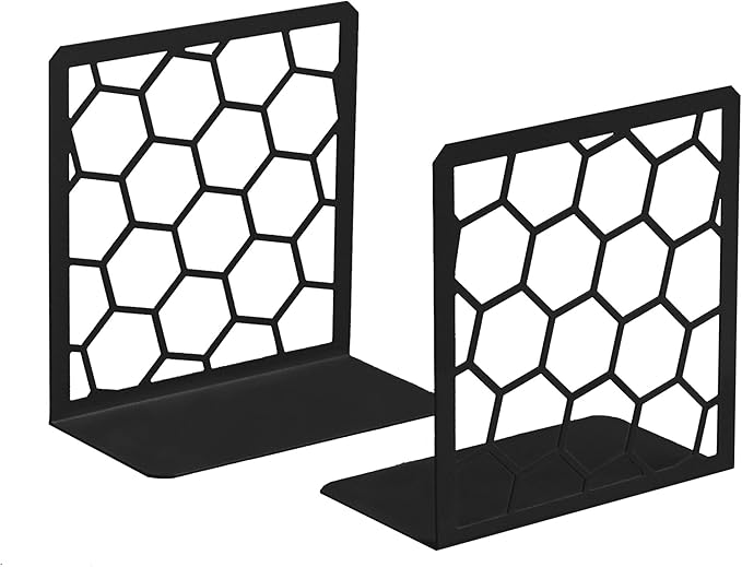 GEOMOD Geometric Honeycomb Black Metal Bookends Decorative - Tall Sturdy Book Ends for Shelves - Modern Heavy Duty Bookend Stopper - Office or Home Book Shelf Book Holder - 6x3.25x6.25 Inches - 2 Pair