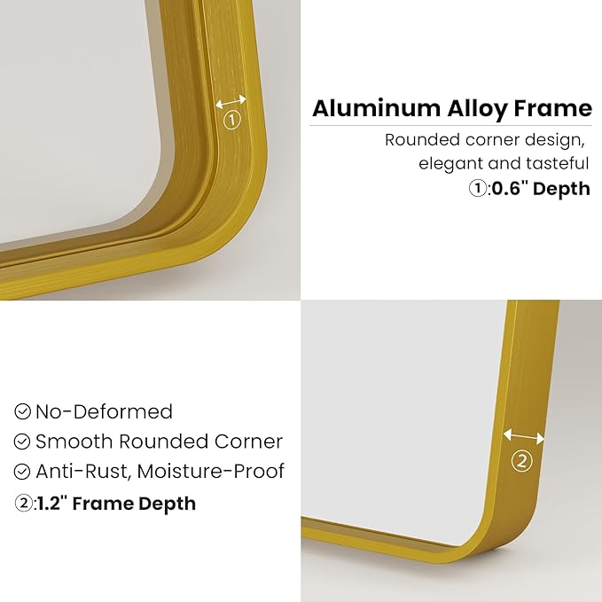 Gold Bathroom Mirror, 24x32 Inch Brushed Gold Metal Frame Mirror for Wall, Rounded Rectangle Bathroom Vanity Mirror, Tempered Glass, Anti-Rust, Horizontal/Vertical