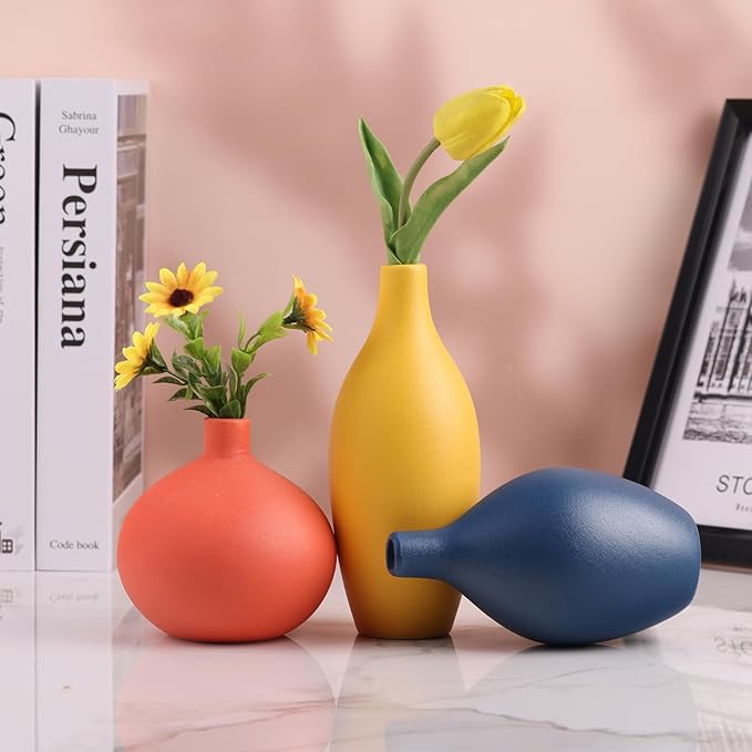 Ceramic Vase Set of 3, Minimalist Yellow, Orange, Blue Vases - Modern Farmhouse, Living Room, Shelf and Entryway Decor