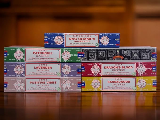 Satya Incense Gift Set Nag Champa, Super hit, Dragon's Blood, Sandalwood, Patchouli, Lavender, Positive Vibes 15gms x 7 Packs | for Meditation, Yoga, Healing, Aromatherapy, Relxation, Spirituality |