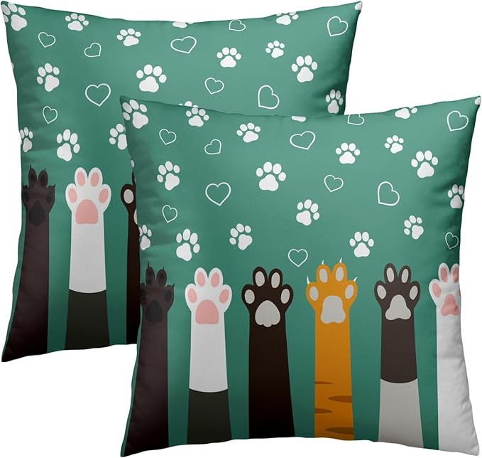 Paw Print Throw Pillow Cover - Colorful Dogs Cat Paws Pillow Covers 16x16 Inches Set of 2 Pillowcases Pet Footprint Cushion Cover for Sofa Home