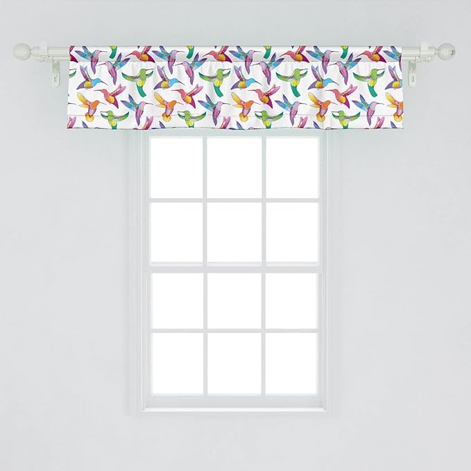 Lunarable Hummingbird Window Valance Pack of 2, Colorful Summer Cartoon Birds Exotic Fauna Design Colibri Pattern Illustration, Rod Pocket Curtain Valances for Kitchen Bedroom, 54" X 12", Lilac Green