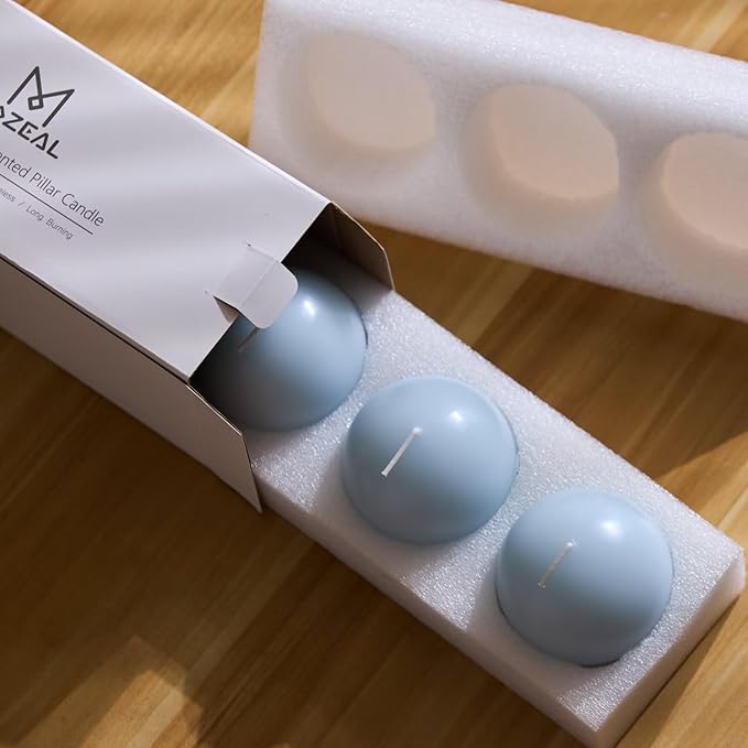 MOZEAL Hand-Poured, 3 Inch Baby Blue Round Ball Candles - Elegant Baby Blue Round Pillar Candles Set of 3, Dripless, Unscented, Smokeless, Ideal for Baby Showers.