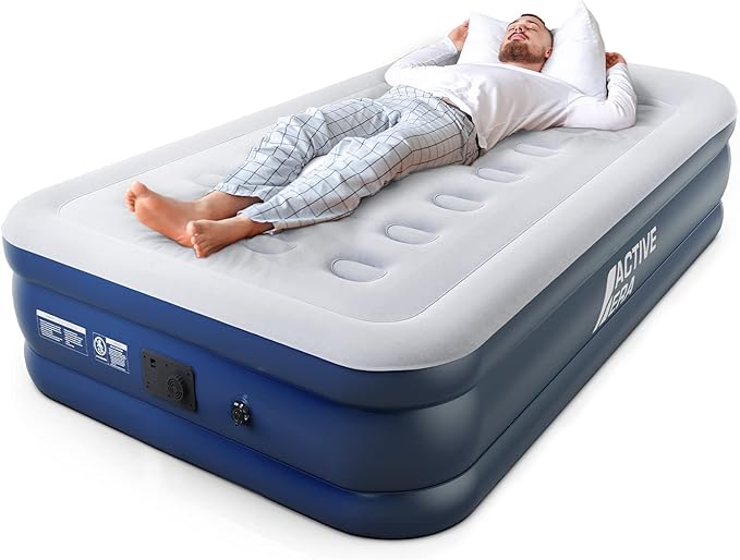 Active Era 20" Twin Air Mattress with Built-in Pump & Raised Pillow - Heavy Duty Puncture Resistant, Waterproof Blow Up Bed