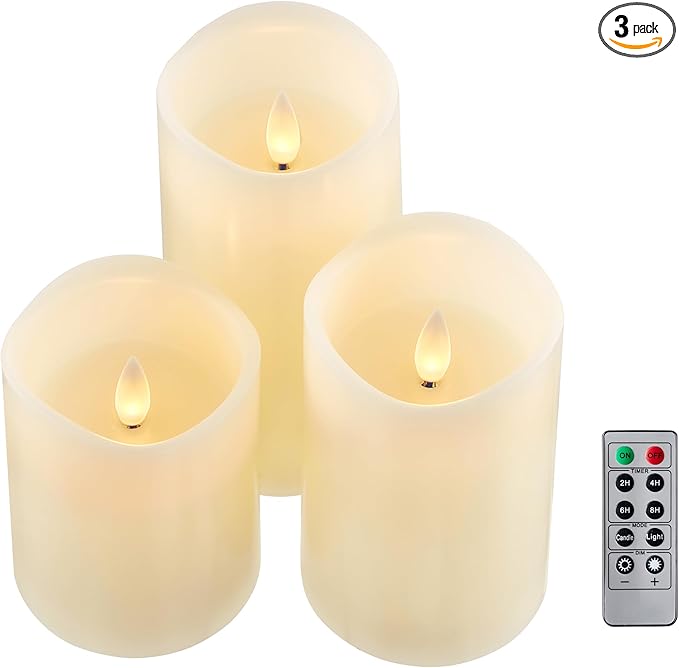 Flameless Pillar Candles Flickering with Remote Timer, Battery Operated LED Candles Up to 400 Hours, 3D Moving Flame Real Wax Candles. (Ivory with Invaginated top)