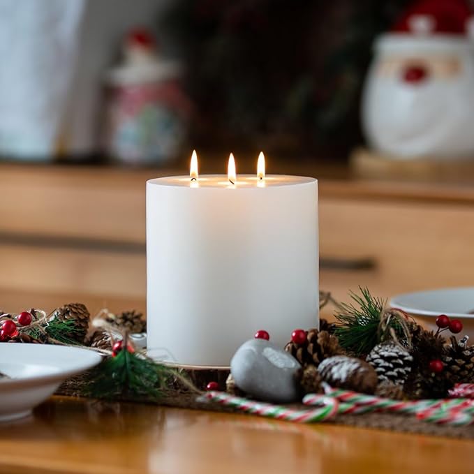 MOZEAL Extra Large 3 Wick White Pillar Candle, 6" x 6", Unscented, Dripless, Smokeless, and Clean-Burning. Approx. 80 Hours of Burn Time. Perfect for Weddings, Dinners, Christmas and Home Decor