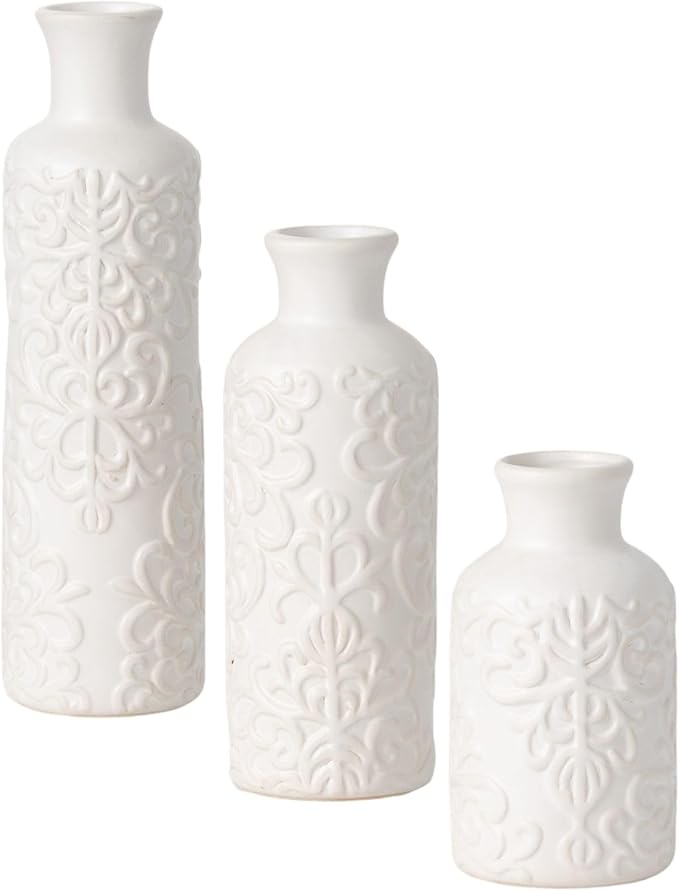 Sullivans Small White Embossed Ceramic Vase Set of 3, Matte Finish, Vases for Decor Modern Home Centerpieces, Mantle Tabletop for Living Room, Bedroom, Kitchen, Entryway Decor