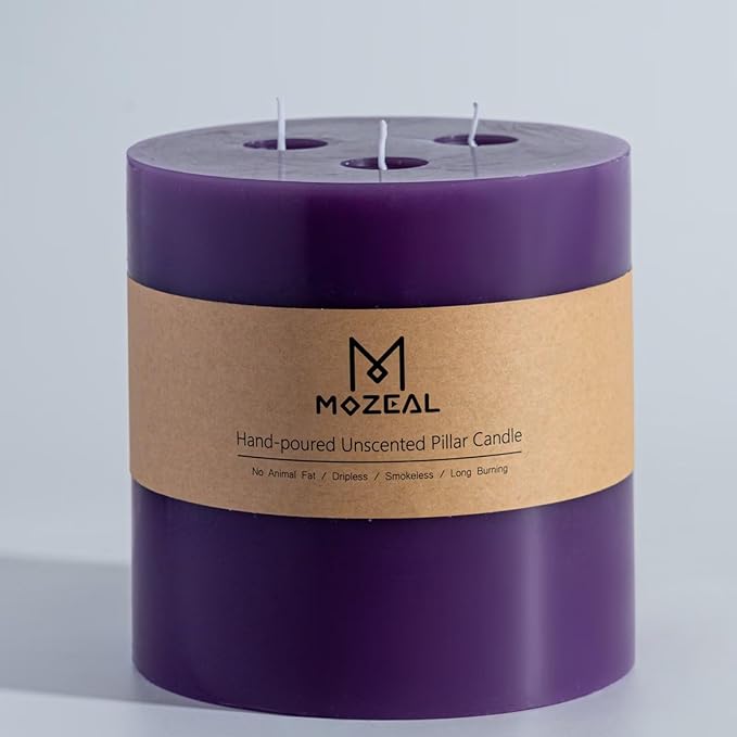 MOZEAL Extra Large 3 Wick Purple Pillar Candle, 6" x 6", Unscented, Dripless, Smokeless, and Clean-Burning. Approx. 120 Hours of Burn Time. Perfect for Weddings, Dinners, Christmas and Home Decor