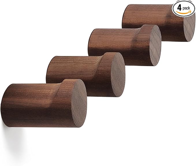 Wood Wall Hooks, 4 Pack Wooden Coat Hooks Wall Mounted, Rustic Hat Hooks Heavy Duty Entryway Wall Hangers for Hanging Purse, Towels, Clothes, Backpack