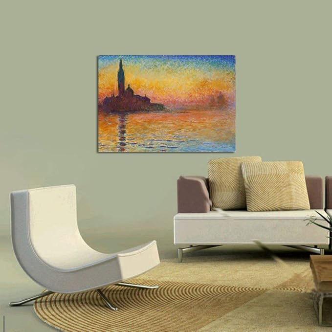 Wieco Art Dusk in Venice Canvas Prints Wall Art of Famous Oil Paintings by Claude Monet Stretched and Framed Giclee Classic Impressionist Art work Ready to Hang for Wall Decor Living Room Bedroom