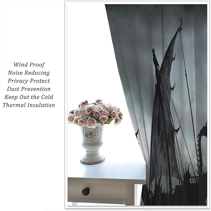 Viking Ship Blackout Curtains,Gloomy Misty Lake Landscape Fantasy Black White Color Sailing Dragon Boat Window Drapes for Boys Girls Bedroom Living Room,Norse Decor 52x84in
