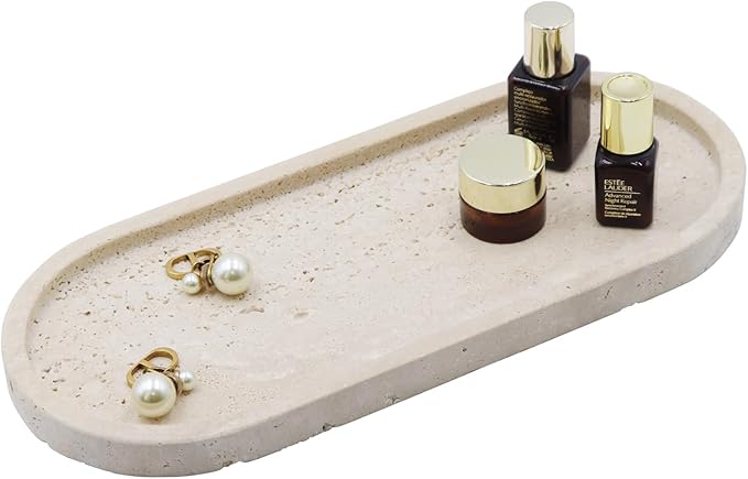 Natural Marble Tray, Oval Vanity Decorative Tray for Bathroom Counter, Countertop Stone Organizer, Catchall Tray for Kitchen, Perfume, Candles, Jewelry Dish Decorative Tray