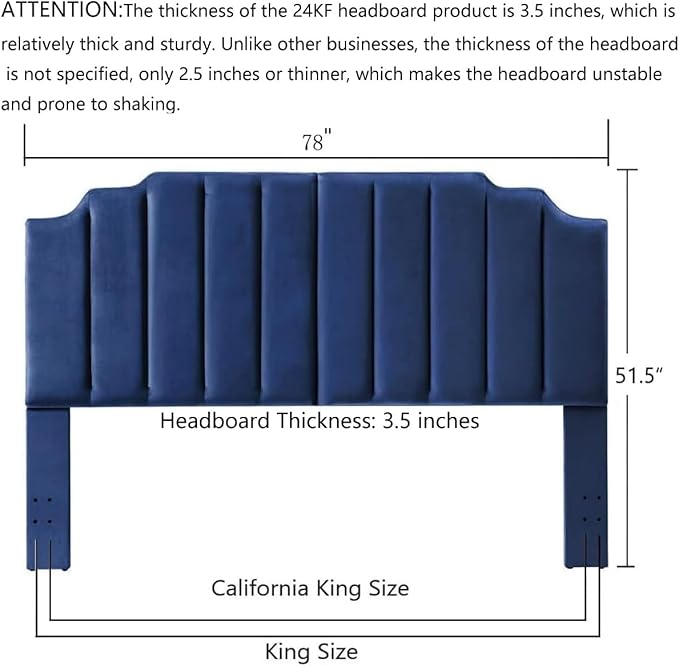 24KF Navy Blue Velvet Tufted King Upholstered Headboard, Modern Vertical Channel Design California King Headboard with Stepped Silhouette Top Edge, Navy Blue