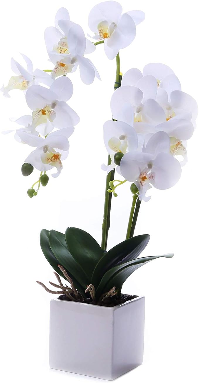 Orchids Artificial Fake Flowers with Vase for Table Centerpieces, Fake Orchids in Pots Orquideas Real Touch Flowers Large Vivid Faux Phalaenopsis White Orchid Plant Indoor Room Decoration