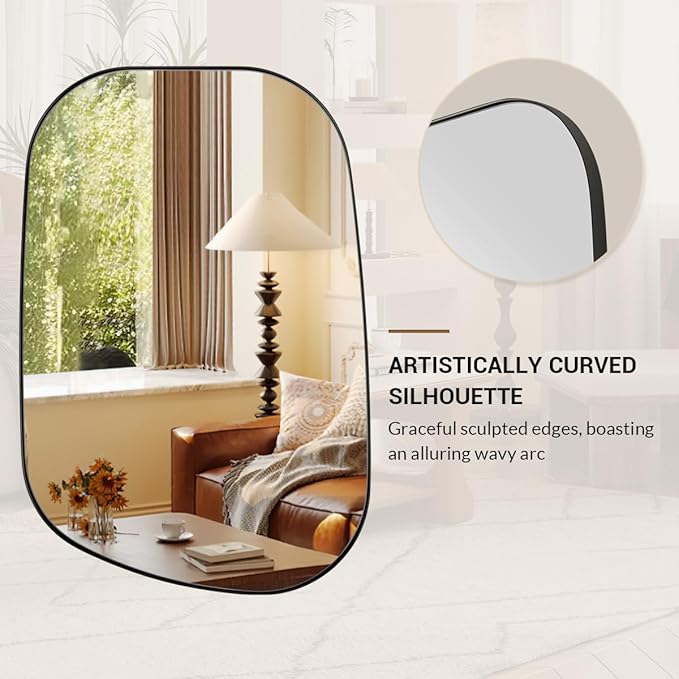 ANDY STAR 24"x36" Black Bathroom Mirror, Irregular Wall Mirror in Stainless Steel Metal Frame, Modern Matte Black Finish with Curved Edge Design, Wall-Mount Vertically or Horizontally