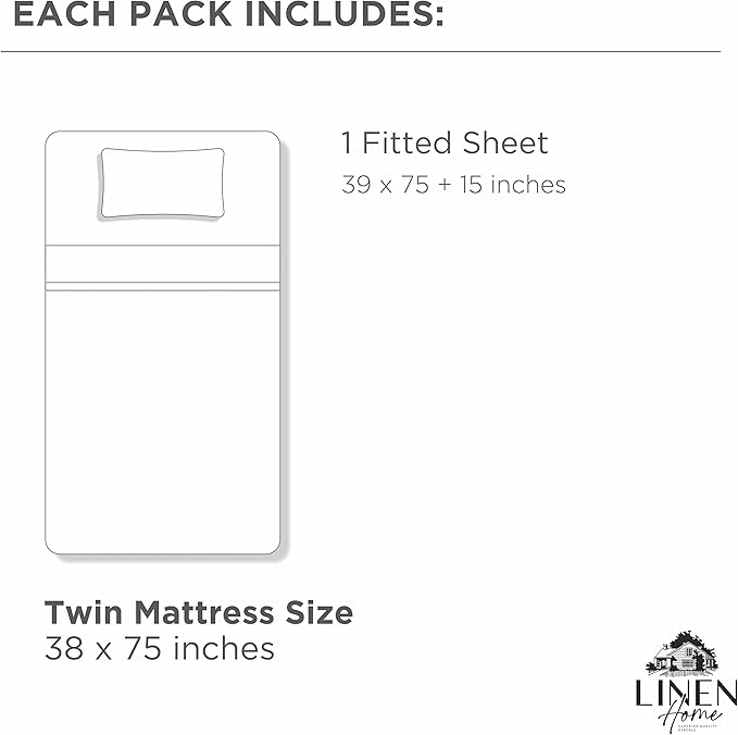 Linen Home 100% Cotton Percale Weave Fitted Sheet, Twin Size, White, 1 Deep Pocket Fitted Sheet, Fits Mattress Upto 16" Crisp and Cool Strong Bed Linen, 39"X75"+15"