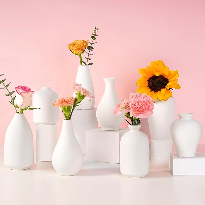 8 Pack Ceramic Bud Vase, White Ceramic Vase Modern Mini Bud Vase in Bulk for Centerpieces, Small White Vase for Flowers Pampas Grass, Wedding, Home