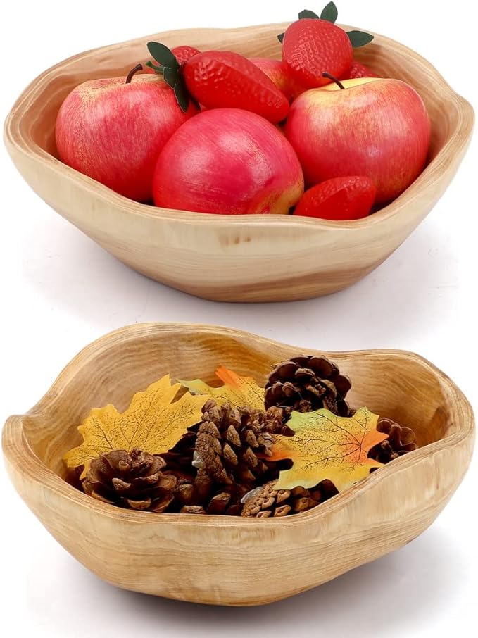 Varku 2PCS Decorative Wooden Bowls, Wood Fruit Bowls for Serving Fruits Candy Desserts, Creative Handmade Natural Wooden Pans, Rustic Wood Pans for Home Decor