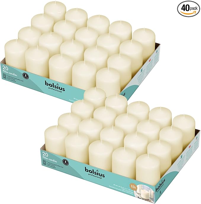 BOLSIUS Ivory Pillar Candles - 2x3 Inches - 2 Packs = Total 40 Candles - 15+ Hours - Premium European Quality - Consistent Smokeless Flame - Unscented Dripless Pillars