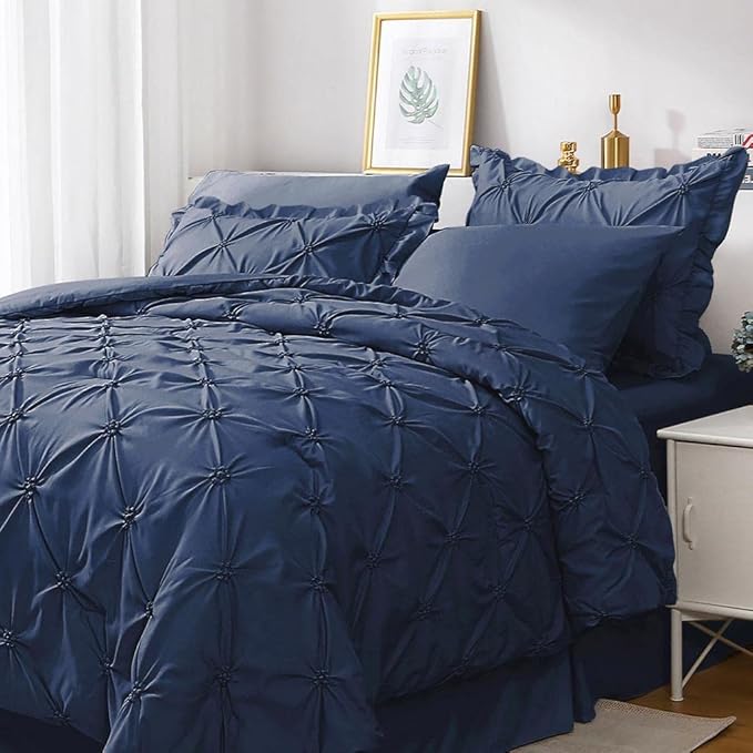 JOLLYVOGUE Queen Comforter Set 7 Pieces, Navy Blue Bed in a Bag Comforter Set for Bedroom, Bedding Comforter Sets with Comforter, Sheets,Ruffled Shams & Pillowcases