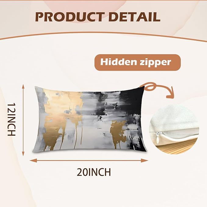 Black and Gold Pillow Covers 12x20 Set of 2, Abstract White Modern Covers for Couch Bed Living Room