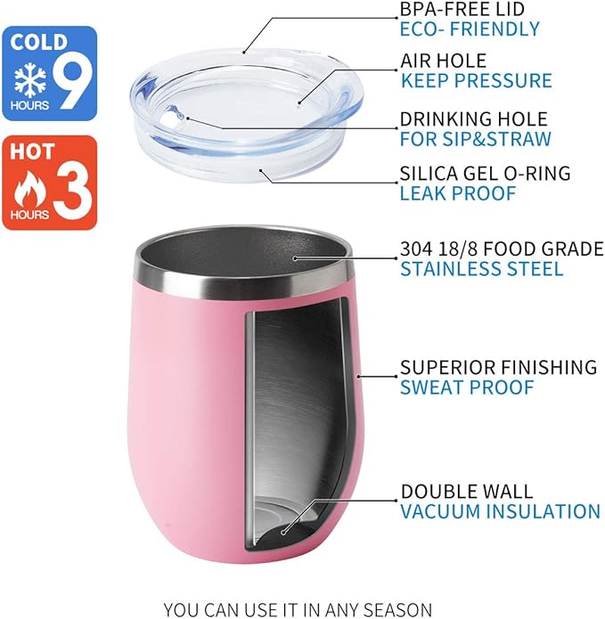 HASLE OUTFITTERS 12oz Wine Tumbler with Lid Stemless Wine Glasses Double Wall Vacuum Travel Mugs stainless steel Coffee Cup for Cold & Hot Drinks Wine Coffee Cocktails Beer 6 Pack Pink
