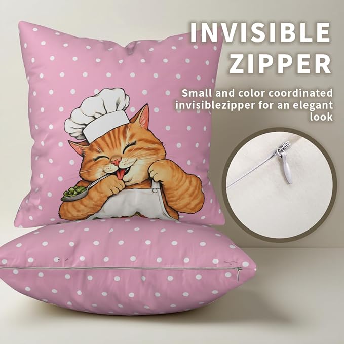 Cat Pillow Covers 22x22 - Polka Dot Pillowcase Set of 2 Pink Kitten Cushion Covers for Sofa Couch Bed