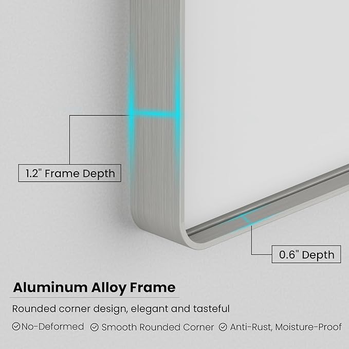 Brushed Nickel Bathroom Mirror 48x30 Inch, Brushed Silver Metal Frame Mirror Wall Mounted, Rounded Rectangle Bathroom Vanity Mirror, Tempered Glass, Anti-Rust, Horizontal/Vertical