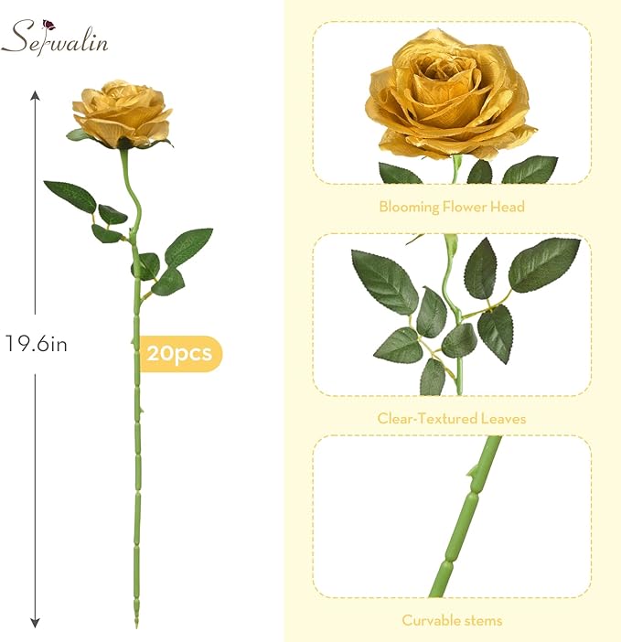 Serwalin 20pcs Artificial Gold Roses, 4'' Big Flower Head, Fake Roses Velvet Real Touch, Silk Roses Long Stems Realistic Bouquet for Wedding Parties Table Centerpiece and Home Decor